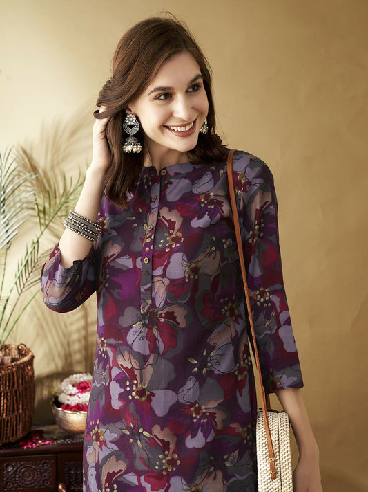 Fuchsia & Purple Floral Printed Band Collar Chanderi Silk Straight Kurta