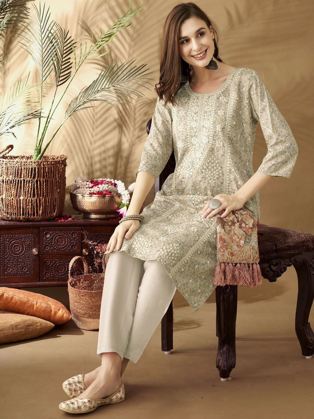Cream-Coloured Embroidered Chanderi Silk Straight Kurta