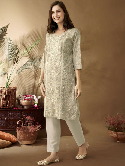 Cream-Coloured Embroidered Chanderi Silk Straight Kurta