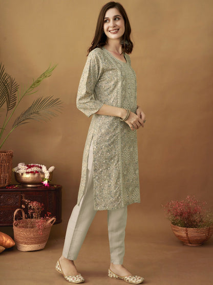 Cream-Coloured Embroidered Chanderi Silk Straight Kurta