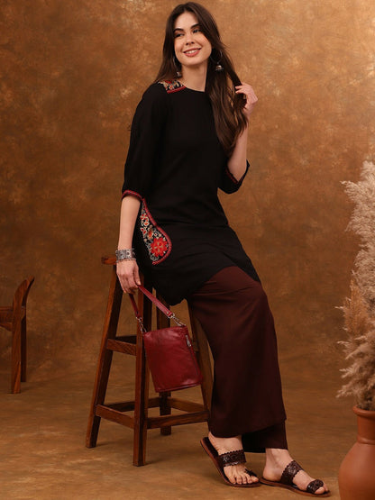 Black & Red Ethnic Motifs Embroidered A-Line Kurta