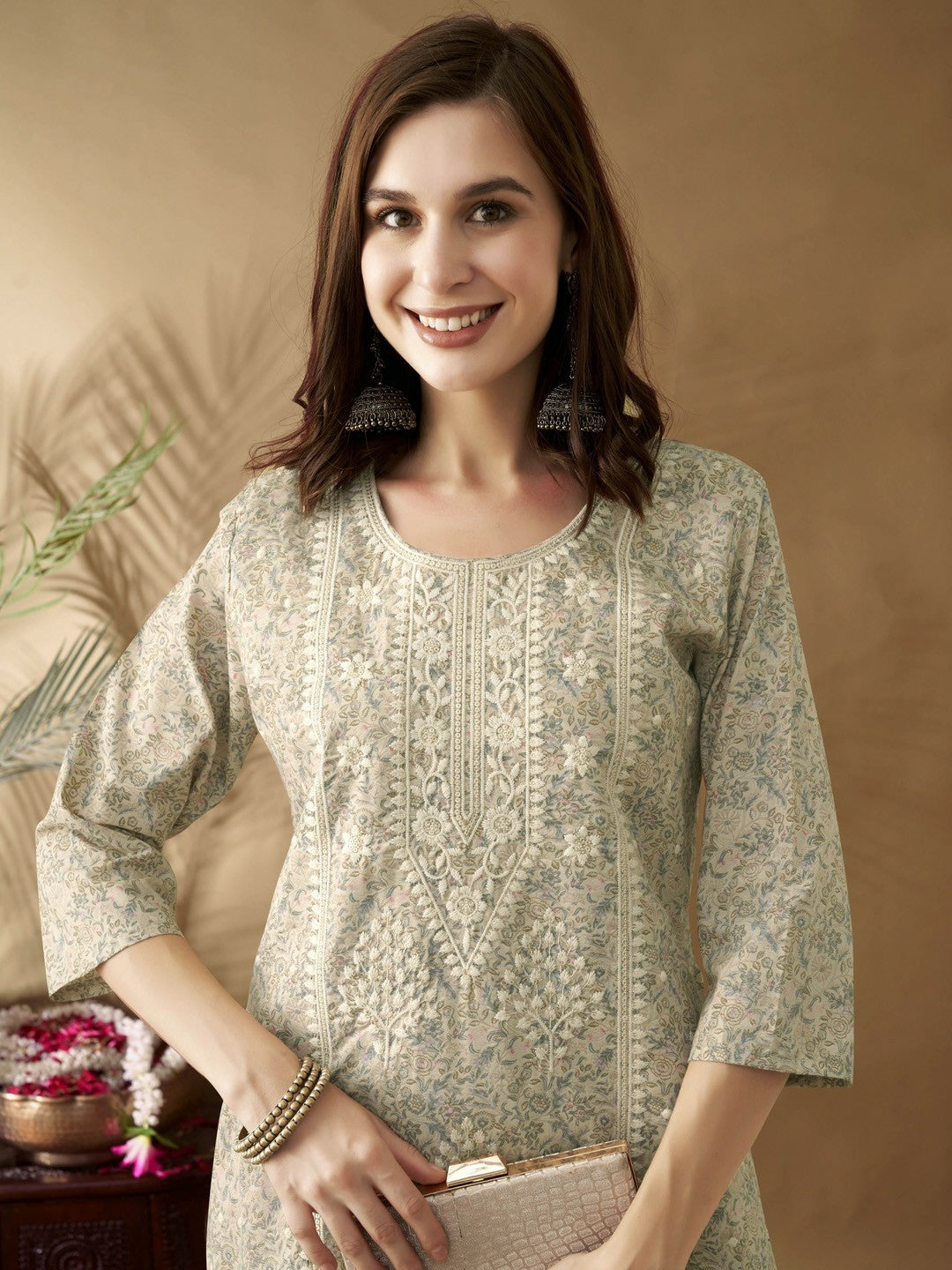 Cream-Coloured Embroidered Chanderi Silk Straight Kurta