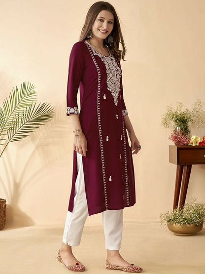 Maroon Embroidered Thread Work Straight Kurta