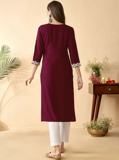 Maroon Embroidered Thread Work Straight Kurta