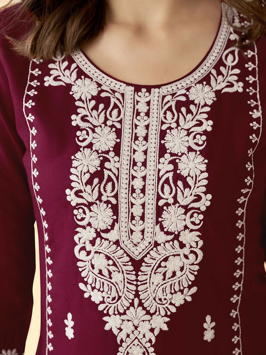 Maroon Embroidered Thread Work Straight Kurta