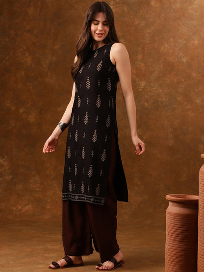 Black Ethnic Motifs Printed Sleeveless Straight Kurta