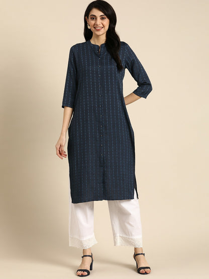 Women Navy Blue Geometric Woven Design Kurta