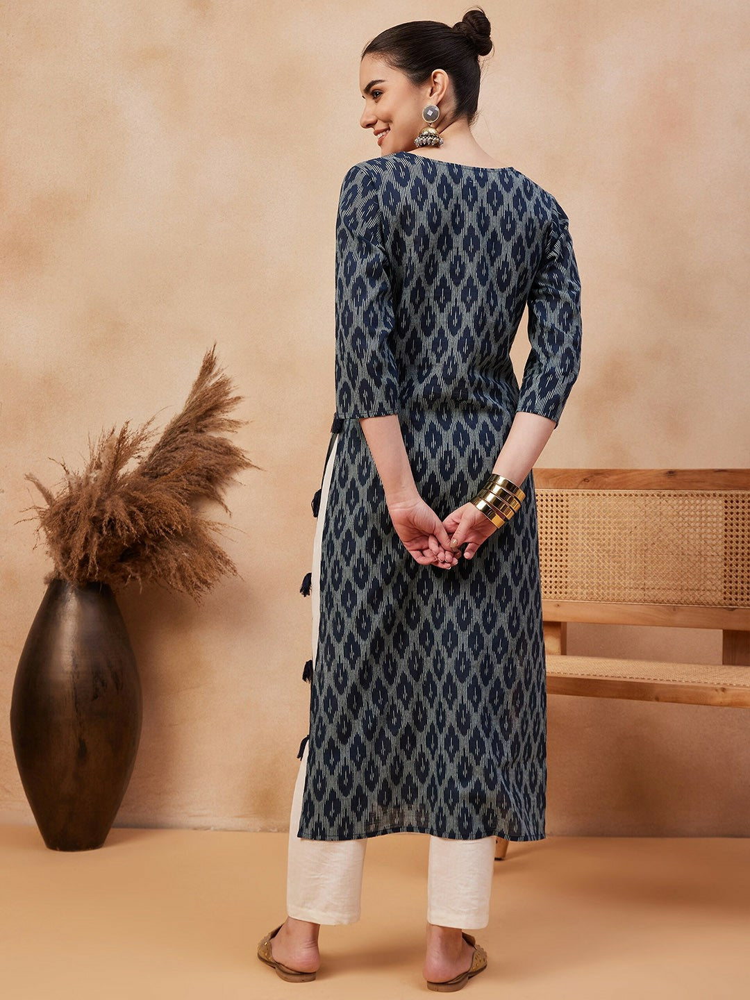 Navy Blue Ethnic Motifs Printed Pure Cotton Straight Kurta