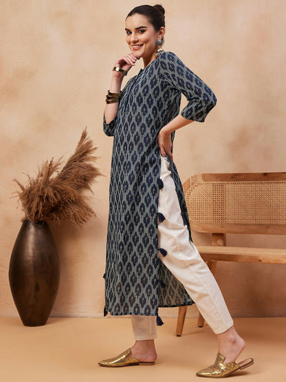 Navy Blue Ethnic Motifs Printed Pure Cotton Straight Kurta