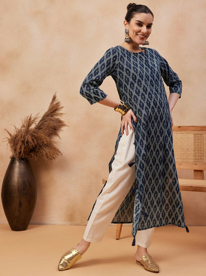 Navy Blue Ethnic Motifs Printed Pure Cotton Straight Kurta