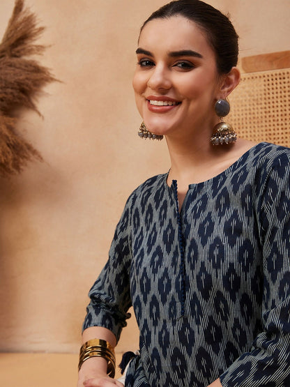 Navy Blue Ethnic Motifs Printed Pure Cotton Straight Kurta