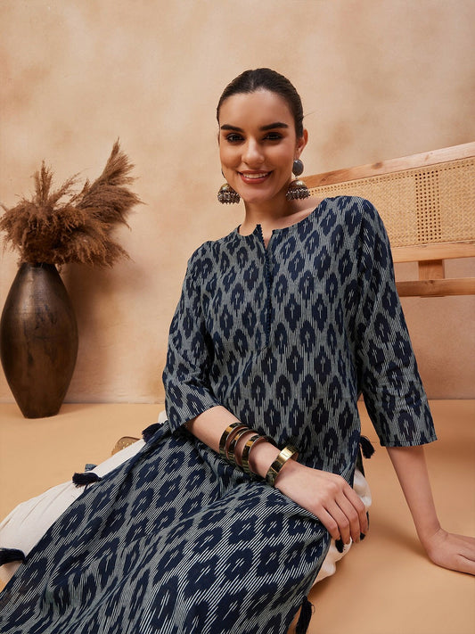 Navy Blue Ethnic Motifs Printed Pure Cotton Straight Kurta