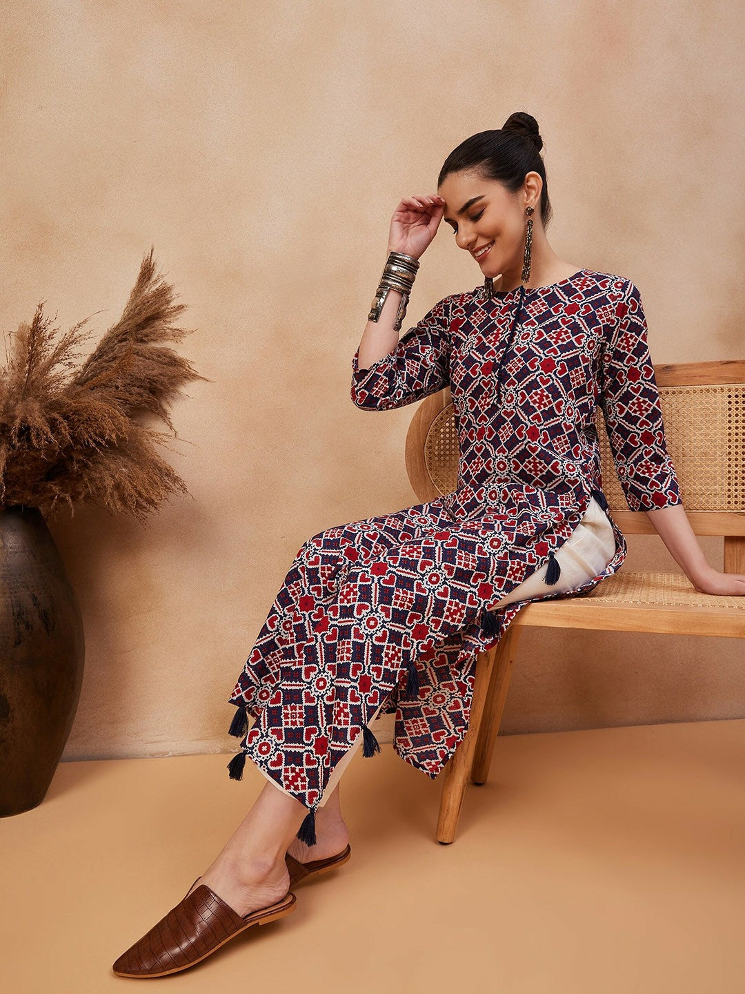 Navy Blue Ethnic Motifs Printed Pure Cotton Straight Kurta