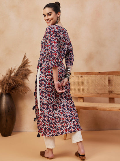 Navy Blue Ethnic Motifs Printed Pure Cotton Straight Kurta