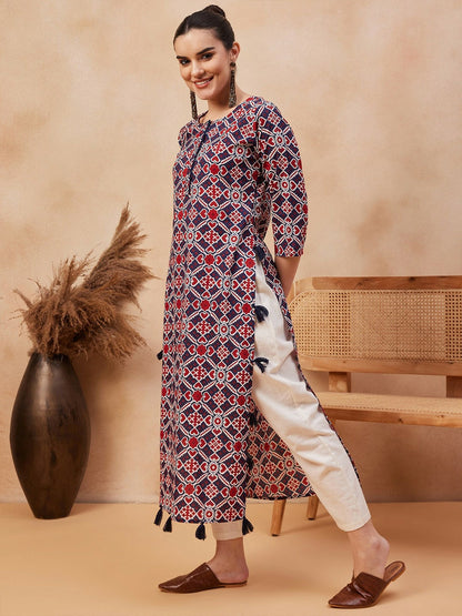 Navy Blue Ethnic Motifs Printed Pure Cotton Straight Kurta