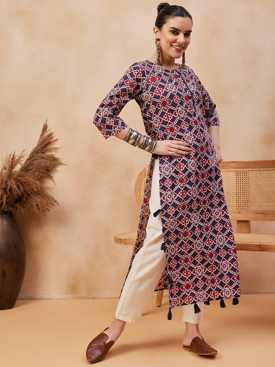 Navy Blue Ethnic Motifs Printed Pure Cotton Straight Kurta