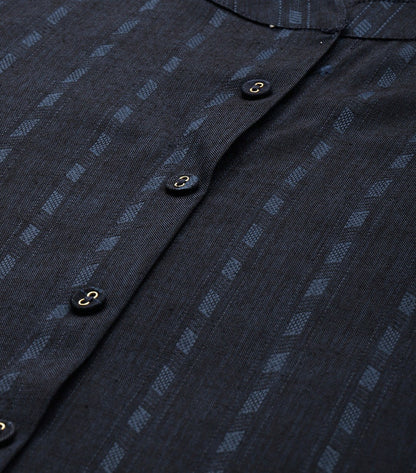 Women Navy Blue Geometric Woven Design Kurta