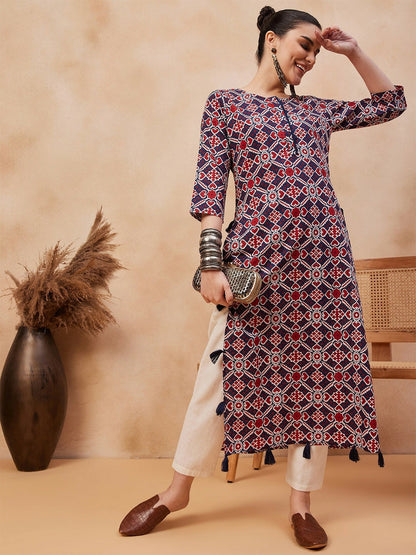 Navy Blue Ethnic Motifs Printed Pure Cotton Straight Kurta