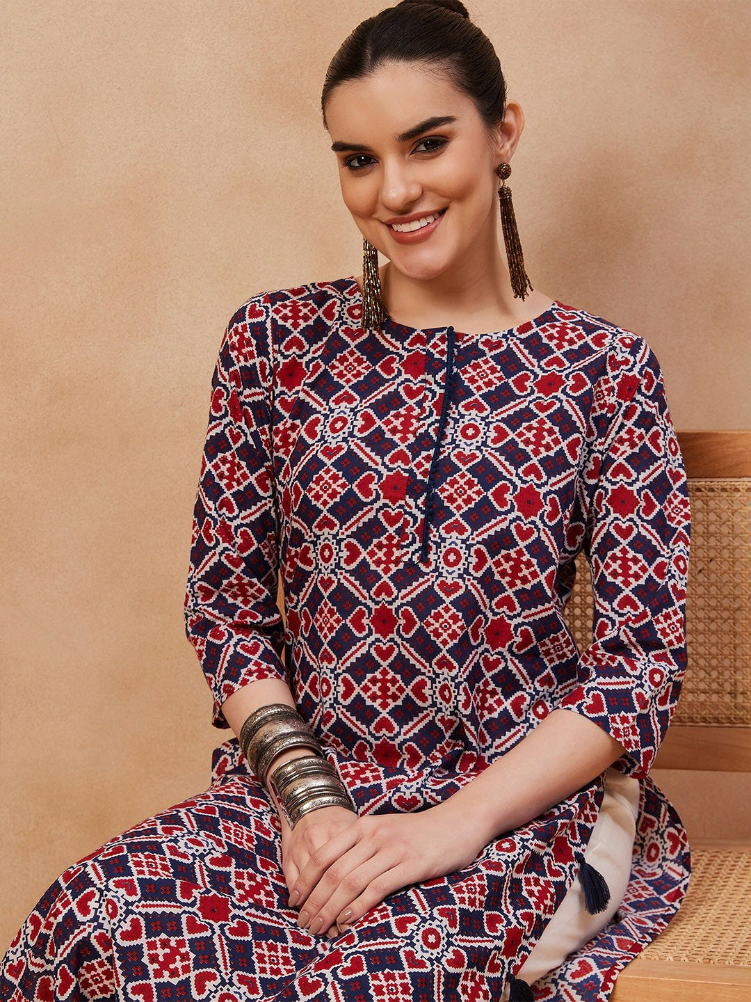 Navy Blue Ethnic Motifs Printed Pure Cotton Straight Kurta