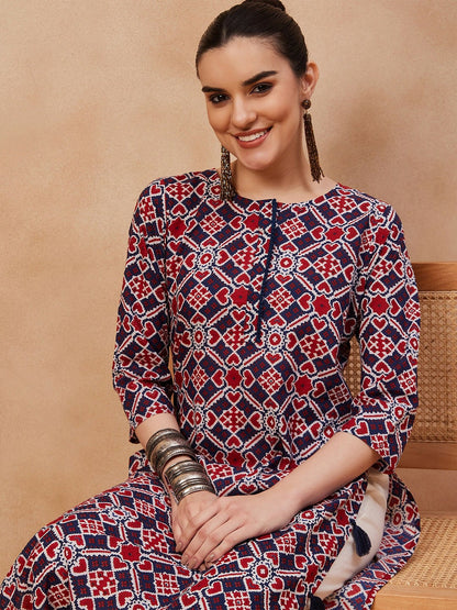 Navy Blue Ethnic Motifs Printed Pure Cotton Straight Kurta