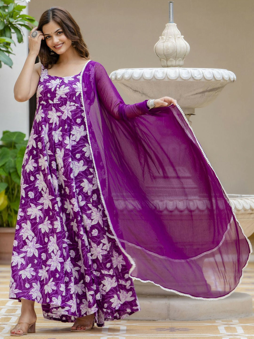 Purple Floral Printed Sleeveless Cotton Anarkali Kurta With Dupatta