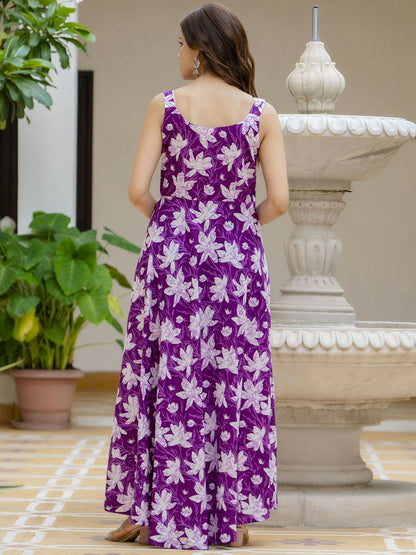 Purple Floral Printed Sleeveless Cotton Anarkali Kurta With Dupatta