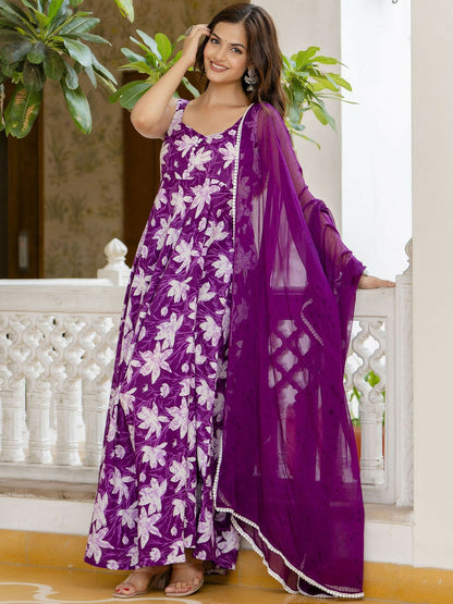 Purple Floral Printed Sleeveless Cotton Anarkali Kurta With Dupatta