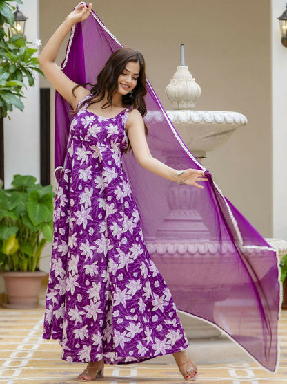 Purple Floral Printed Sleeveless Cotton Anarkali Kurta With Dupatta