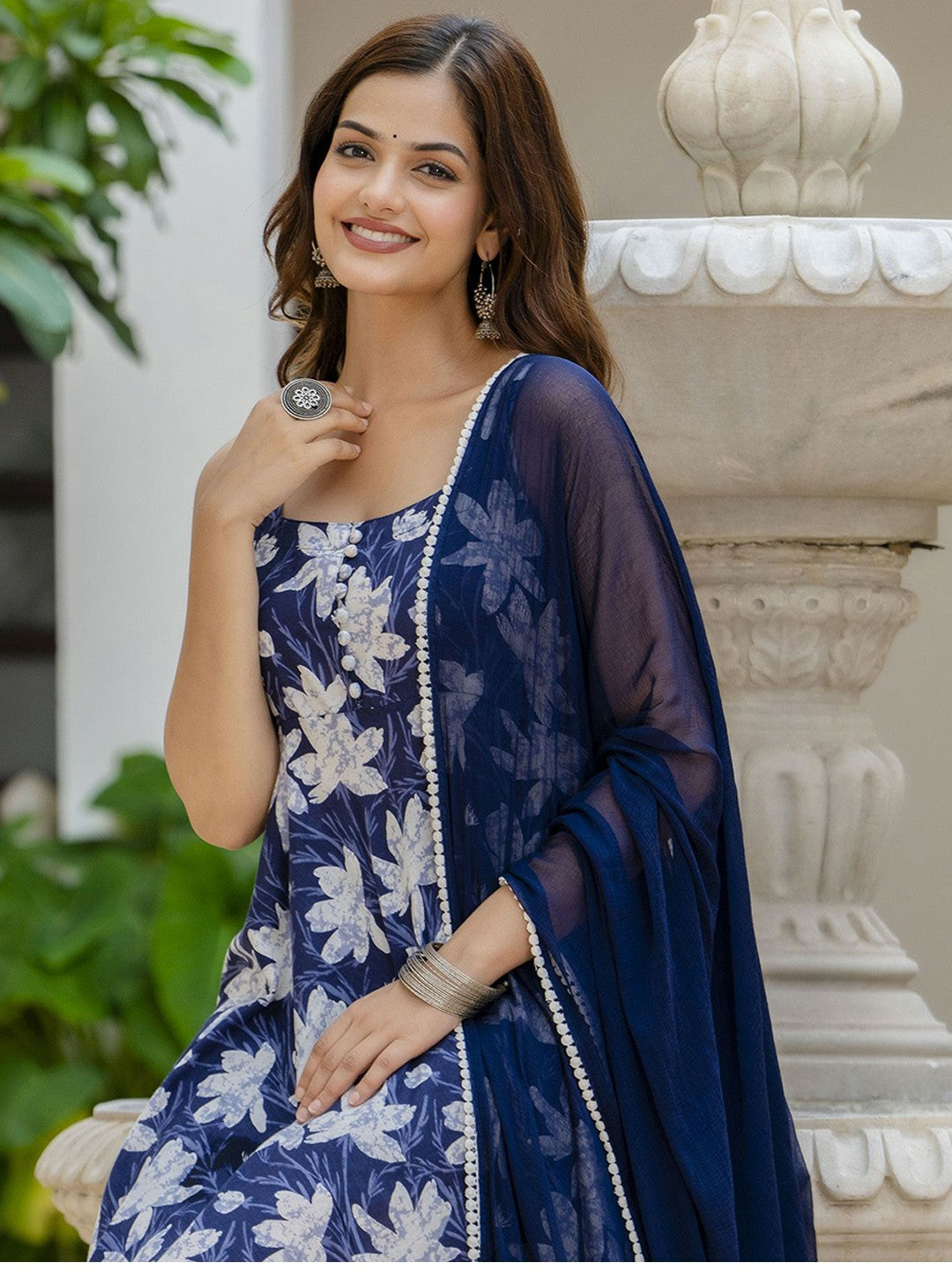 Blue Floral Printed Sleeveless Cotton Anarkali Kurta with Dupatta