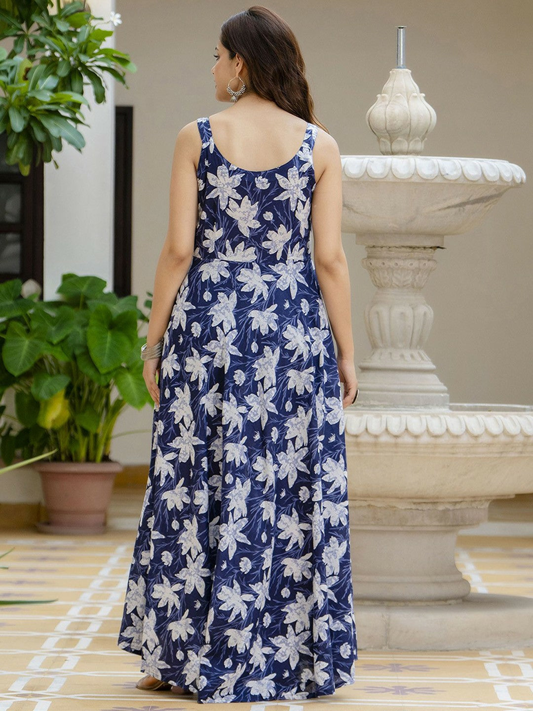 Blue Floral Printed Sleeveless Cotton Anarkali Kurta with Dupatta