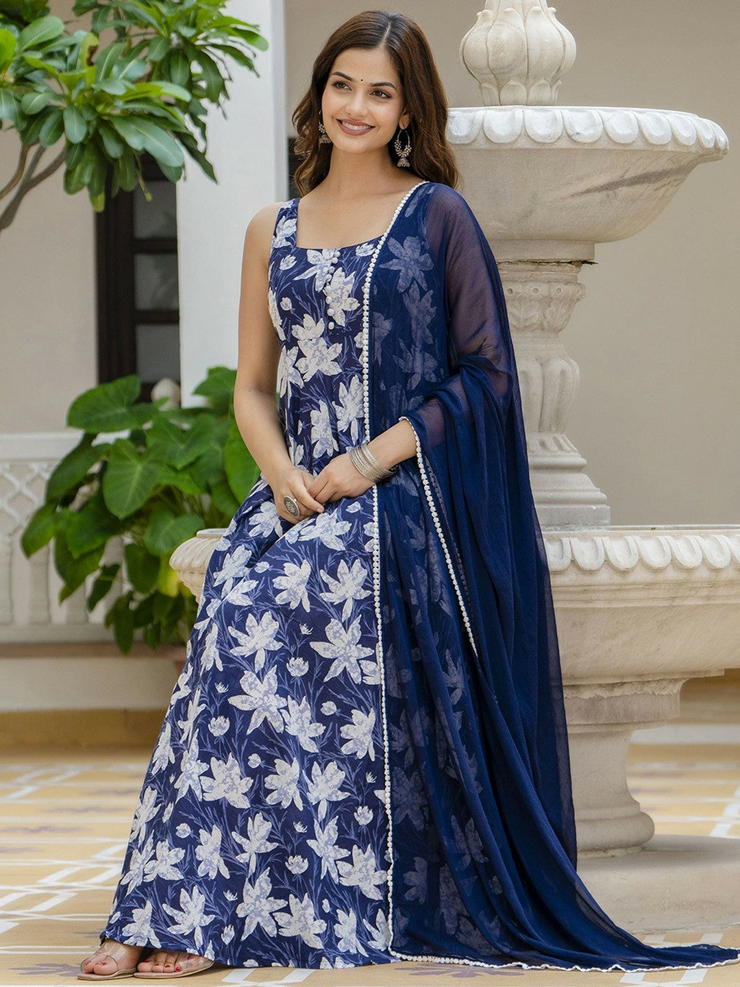 Blue Floral Printed Sleeveless Cotton Anarkali Kurta with Dupatta