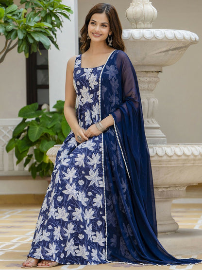 Blue Floral Printed Sleeveless Cotton Anarkali Kurta with Dupatta