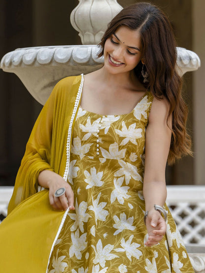 Mustard Yellow Floral Printed Sleeveless Cotton Anarkali Kurta with Dupatta