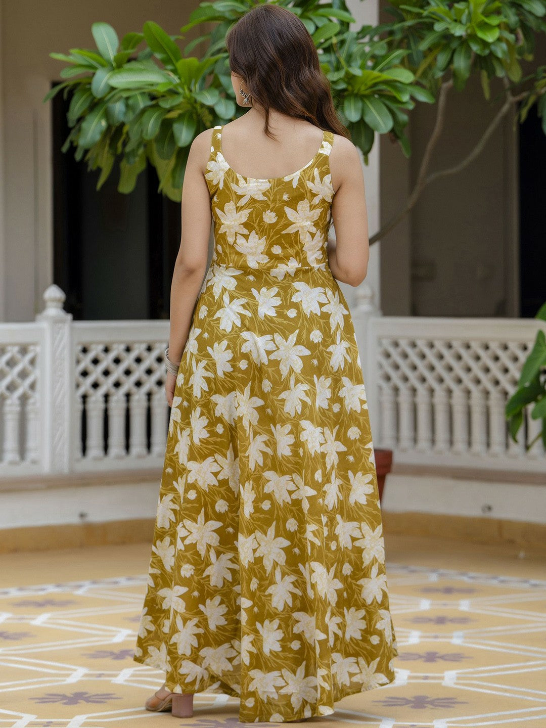 Mustard Yellow Floral Printed Sleeveless Cotton Anarkali Kurta with Dupatta