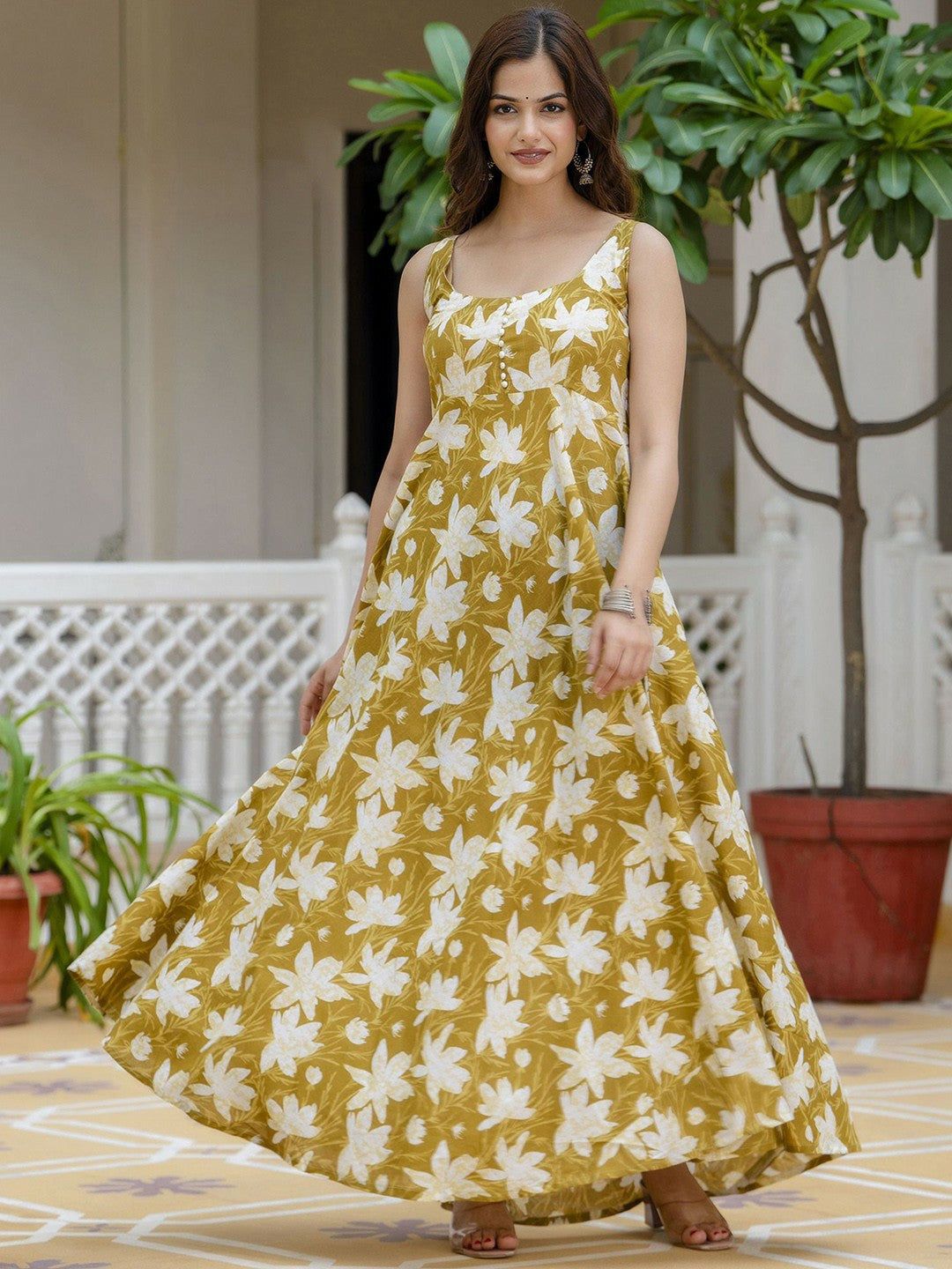 Mustard Yellow Floral Printed Sleeveless Cotton Anarkali Kurta with Dupatta