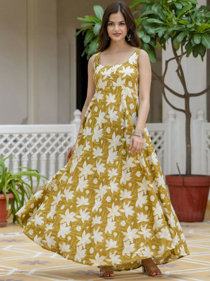 Mustard Yellow Floral Printed Sleeveless Cotton Anarkali Kurta with Dupatta