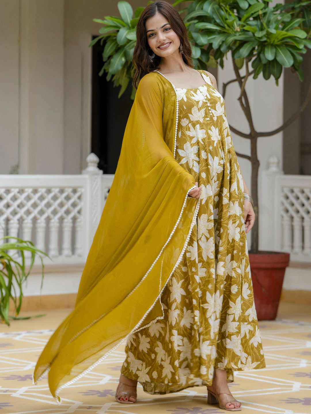 Mustard Yellow Floral Printed Sleeveless Cotton Anarkali Kurta with Dupatta