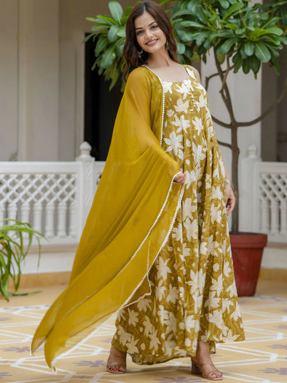 Mustard Yellow Floral Printed Sleeveless Cotton Anarkali Kurta with Dupatta