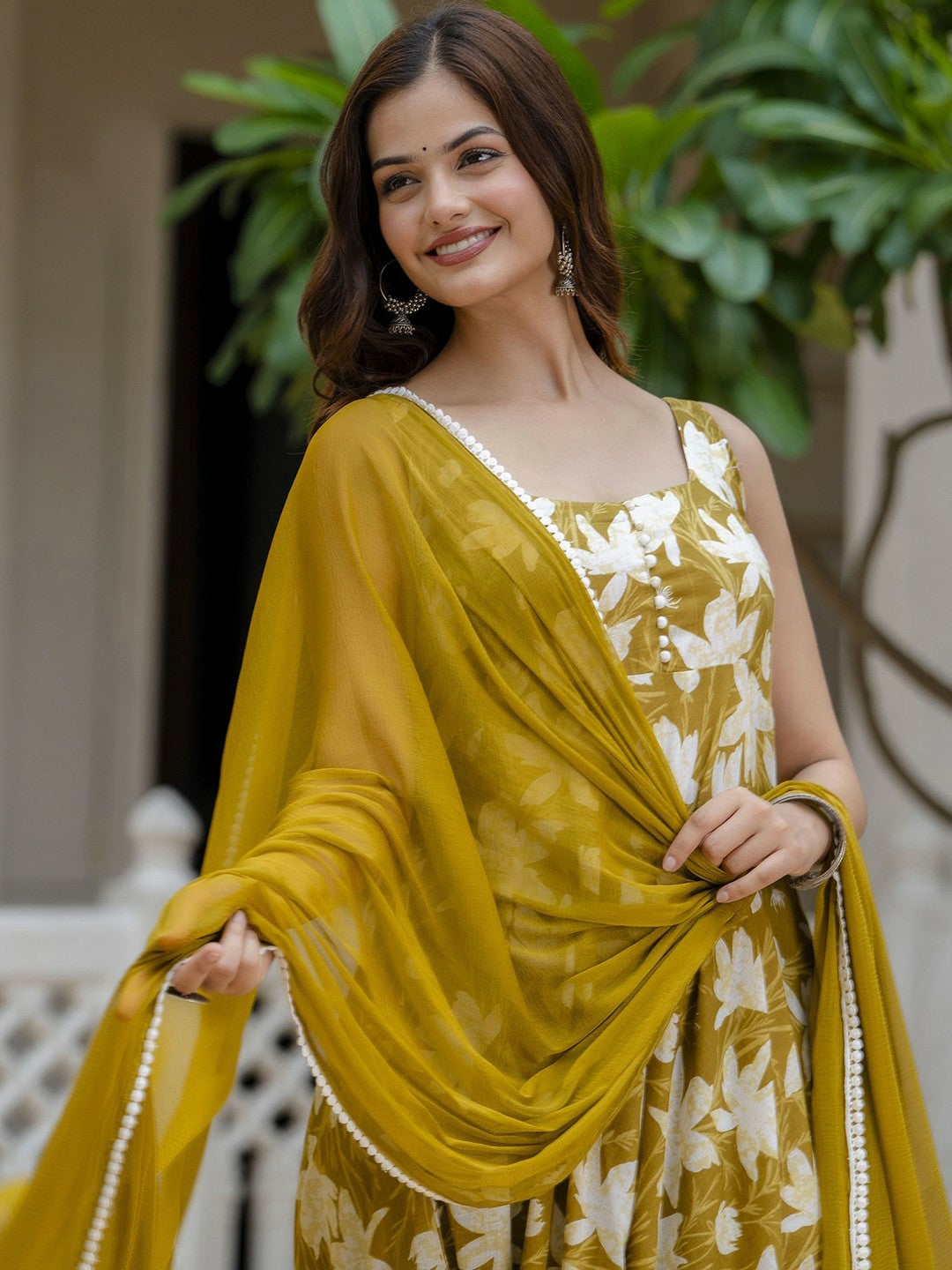 Mustard Yellow Floral Printed Sleeveless Cotton Anarkali Kurta with Dupatta