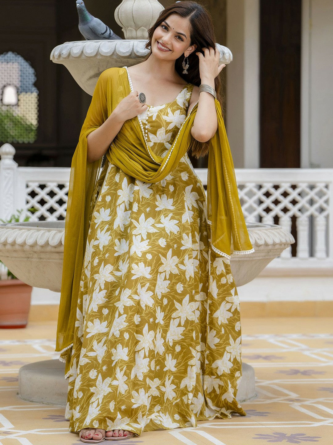 Mustard Yellow Floral Printed Sleeveless Cotton Anarkali Kurta with Dupatta