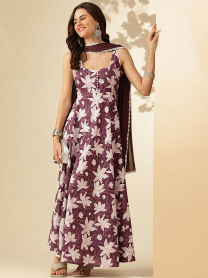 Purple Floral Printed Square Neck Sleeveless Pure Cotton Anarkali Kurta with Dupatta