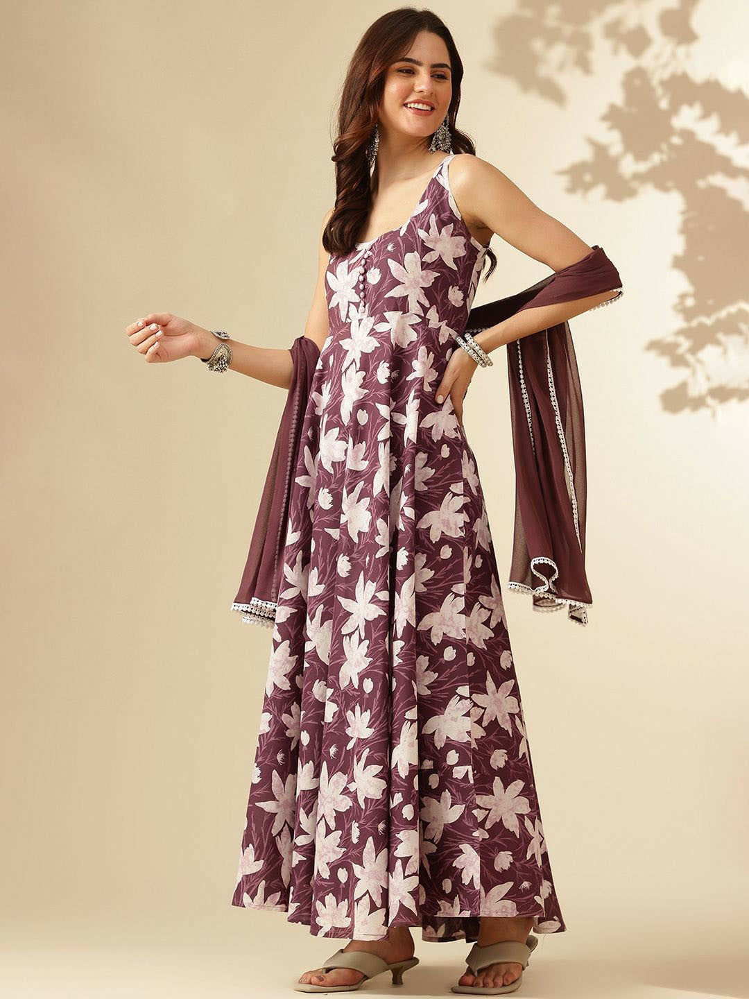 Purple Floral Printed Square Neck Sleeveless Pure Cotton Anarkali Kurta with Dupatta