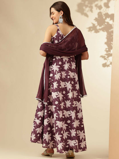 Purple Floral Printed Square Neck Sleeveless Pure Cotton Anarkali Kurta with Dupatta
