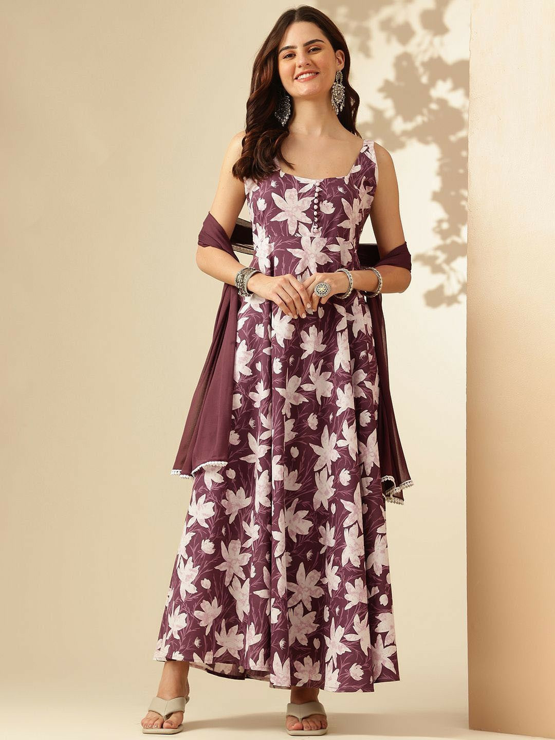 Purple Floral Printed Square Neck Sleeveless Pure Cotton Anarkali Kurta with Dupatta