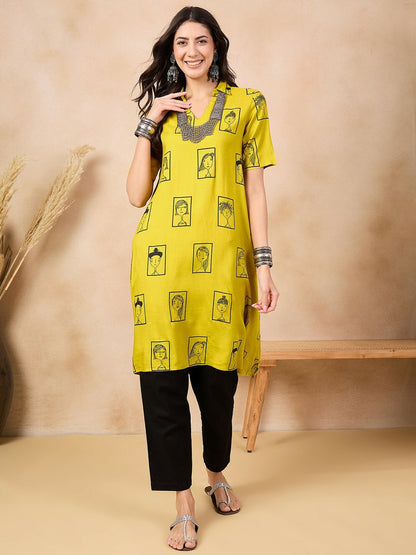 Mustard Yellow Ethnic Motifs Printed Shirt Collar A-Line Kurta