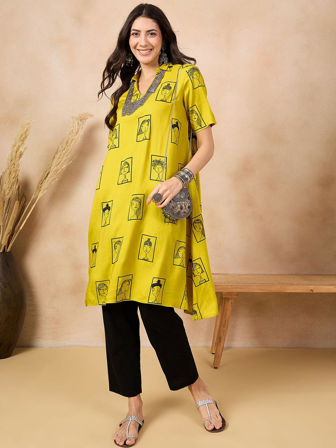 Mustard Yellow Ethnic Motifs Printed Shirt Collar A-Line Kurta