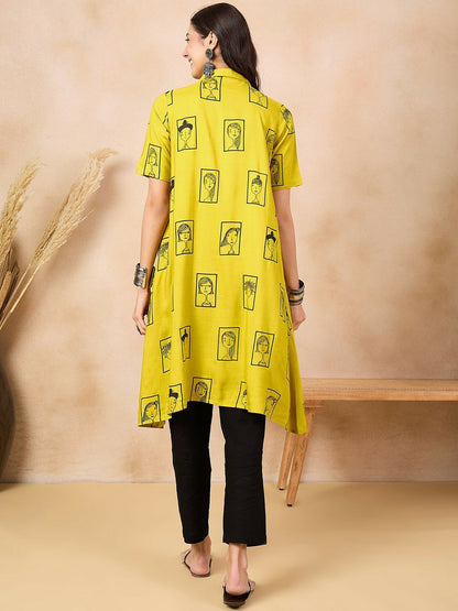 Mustard Yellow Ethnic Motifs Printed Shirt Collar A-Line Kurta