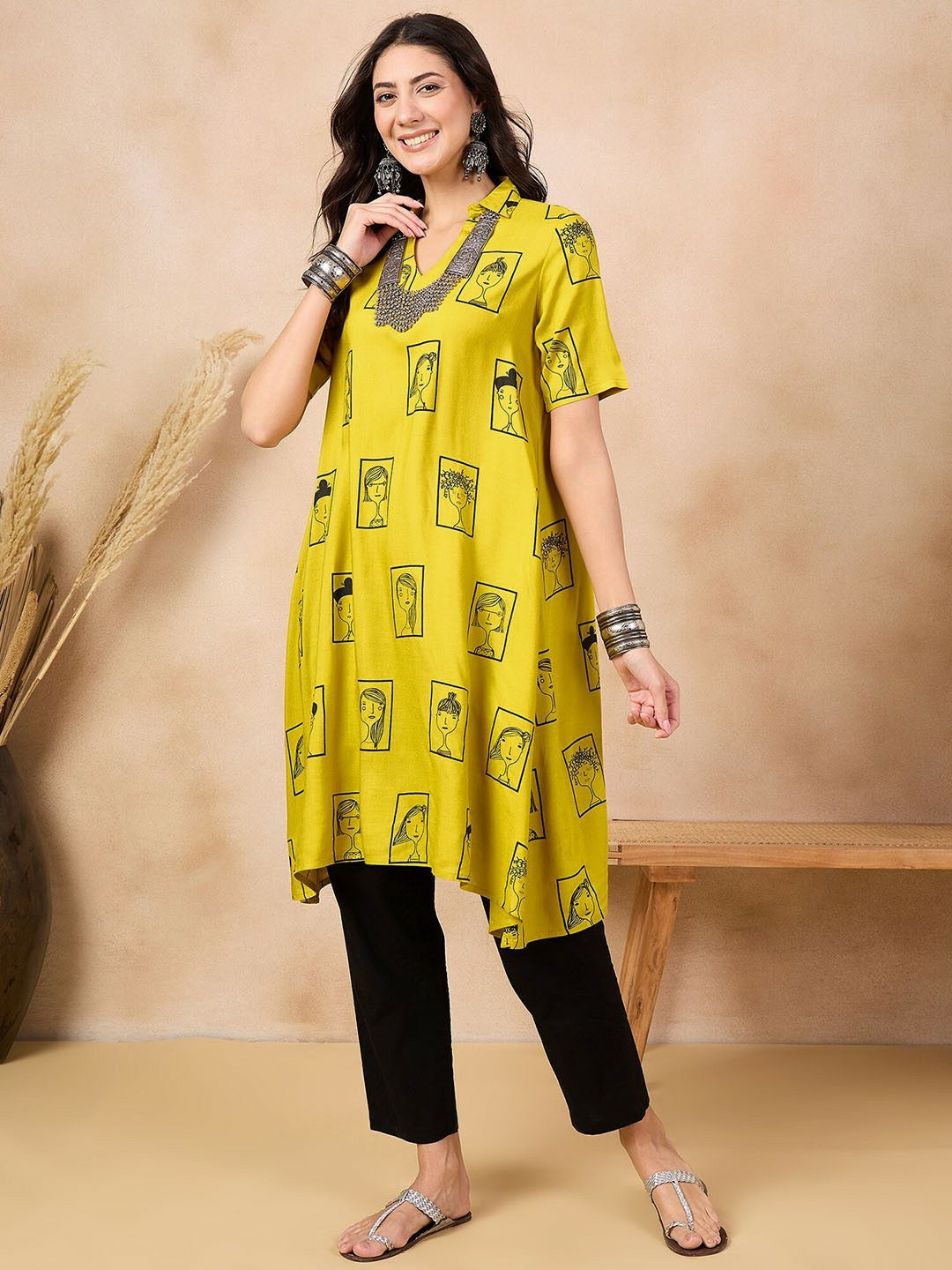 Mustard Yellow Ethnic Motifs Printed Shirt Collar A-Line Kurta