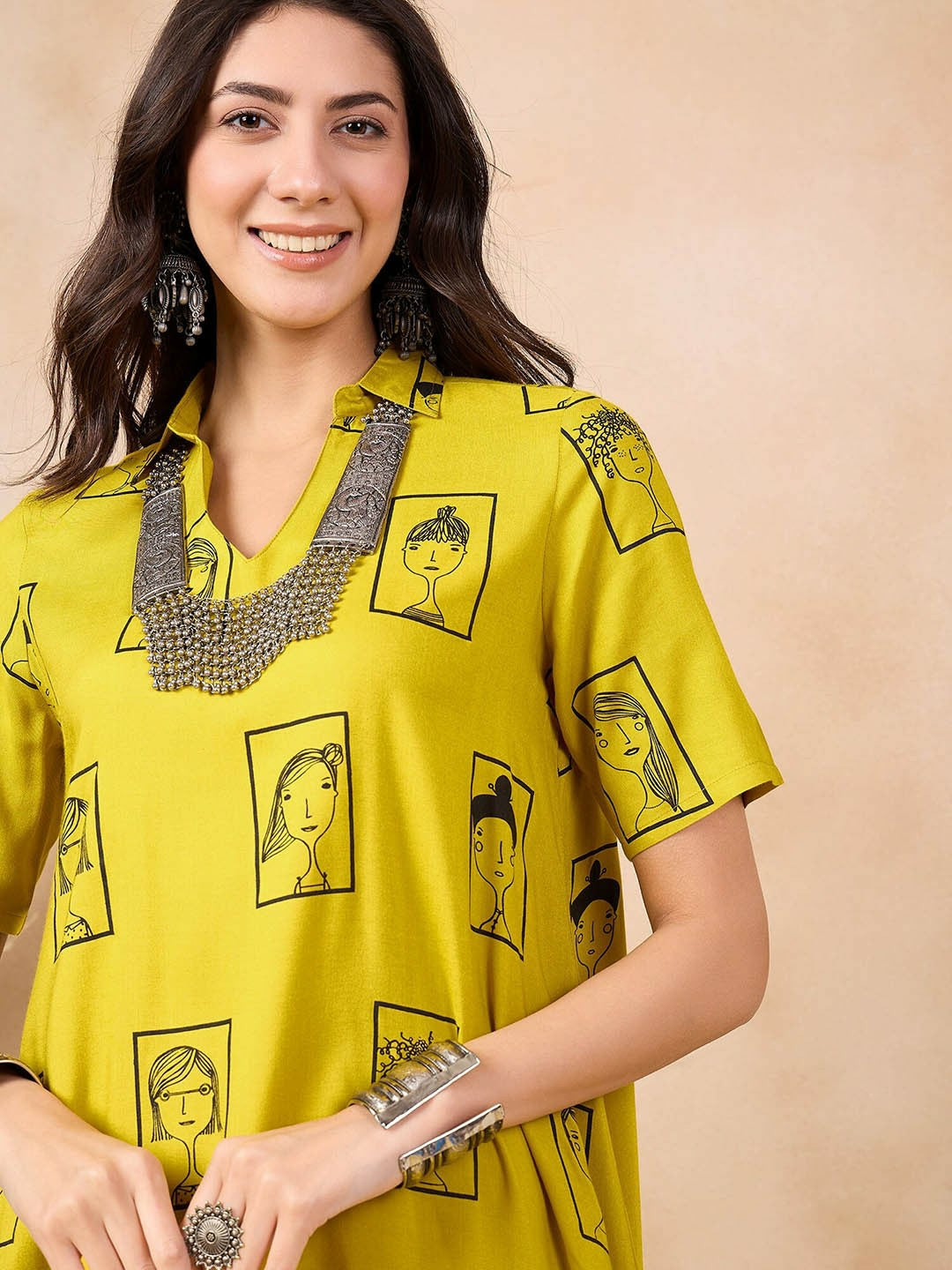 Mustard Yellow Ethnic Motifs Printed Shirt Collar A-Line Kurta