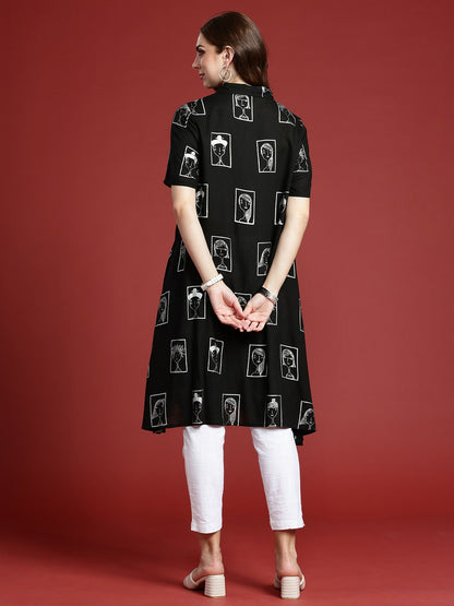 Women Black & White Tribal Print Shirt Collar Kurta